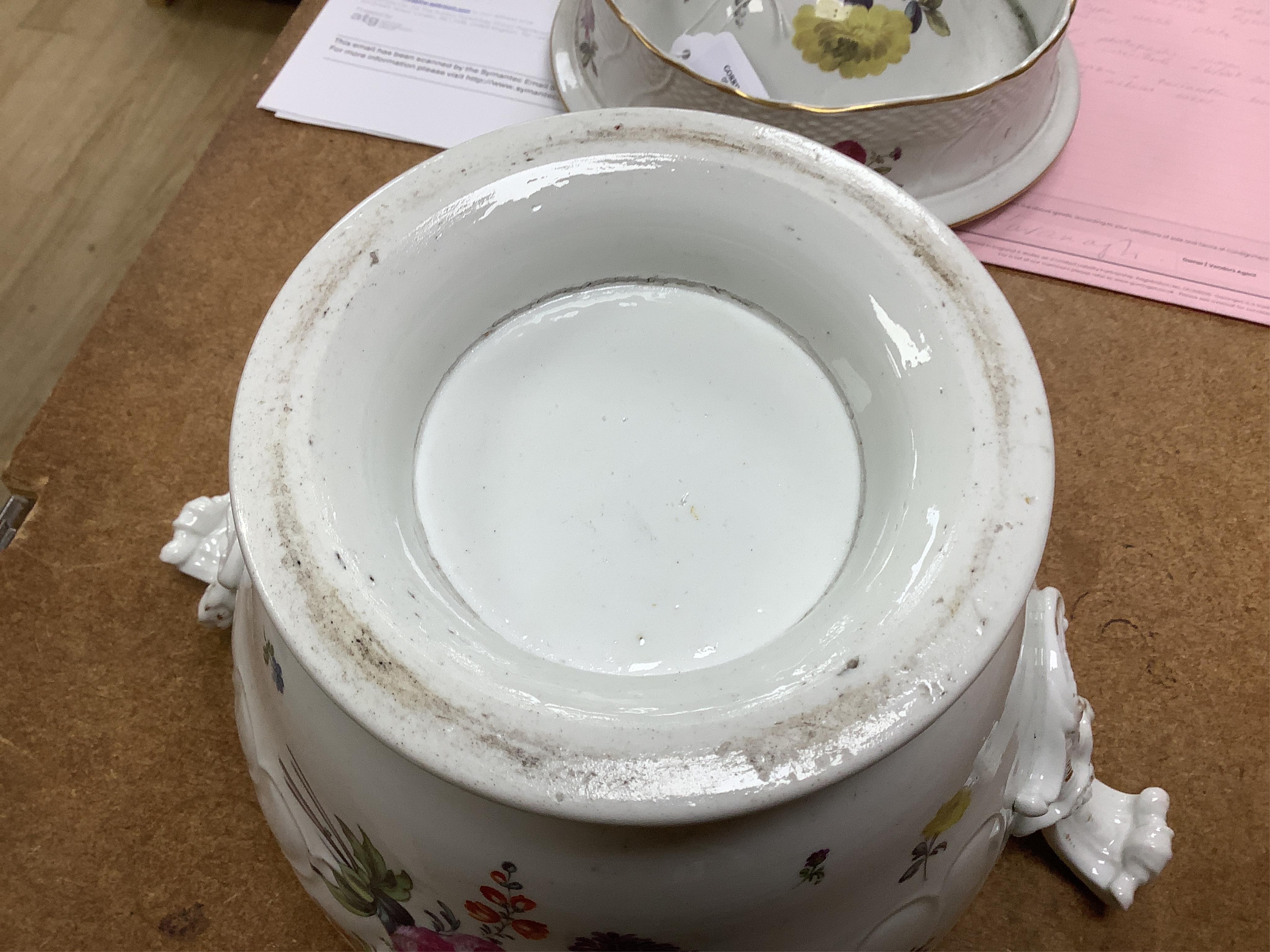 A late 18th/early 19th century English porcelain ice cream pail and cover, decorated with flowers, 27cm high